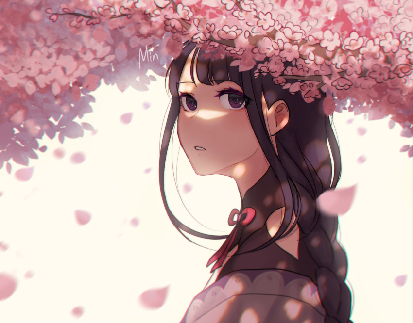 1girl artist_name bangs cherry_blossoms commentary english_commentary eyebrows_visible_through_hair falling_petals flower from_side genshin_impact highres japanese_clothes long_hair looking_at_viewer minchik mole mole_under_eye open_mouth petals pink_flower purple_hair raiden_(genshin_impact) ribbon simple_background solo violet_eyes white_background