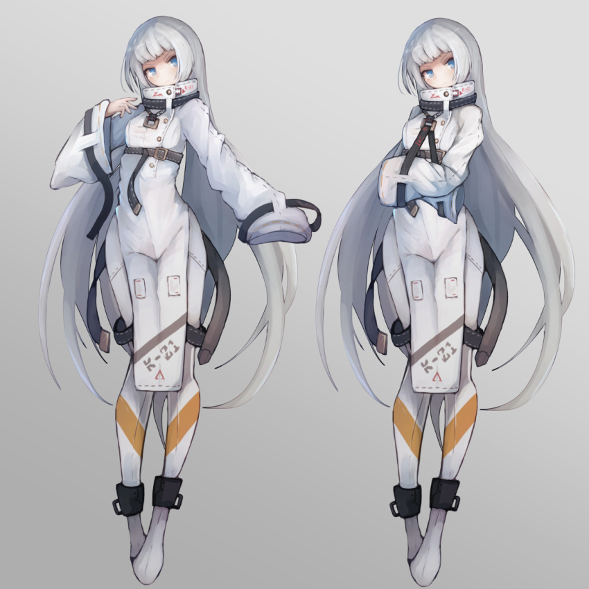 1girl ankle_cuffs belt belt_buckle blue_eyes bodysuit bound bound_arms breasts buckle commentary_request cuffs full_body grey_background grey_hair highres long_hair melnik original shackles sleeves_past_wrists small_breasts standing straitjacket tachi-e very_long_hair white_bodysuit