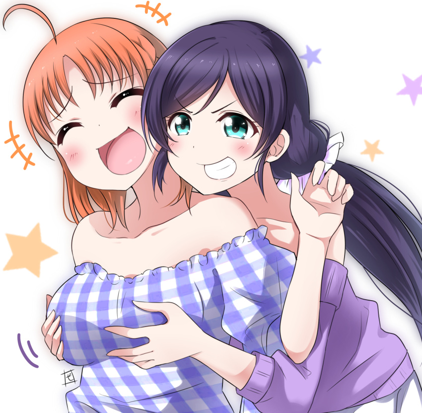 2girls breast_grab breasts closed_eyes collarbone commentary_request eyebrows_visible_through_hair grabbing grabbing_from_behind green_eyes grin highres large_breasts laughing long_hair love_live! love_live!_school_idol_project love_live!_sunshine!! low_twintails multiple_girls off-shoulder_shirt off_shoulder orange_hair purple_hair shirt short_hair smile takami_chika toujou_nozomi twintails upper_body zero-theme