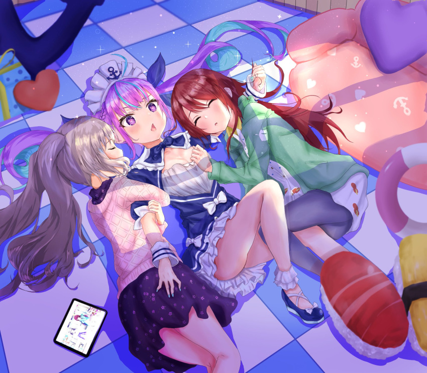 3girls arm_hug arm_pillow bangs black_skirt blue_footwear blue_hair blue_nails blue_ribbon bow braid breasts character_request checkered checkered_floor couch crossover cushion dress eyebrows_visible_through_hair gift green_jacket grey_hair headdress heart highres hololive idolmaster idolmaster_shiny_colors jacket lifebuoy long_hair lying minato_aqua mugiusagi multicolored_hair multiple_girls no_socks on_back on_floor oosaki_tenka open_mouth pantyhose pink_hair pink_sweater purple_dress redhead ribbon shoes skirt sweater tablet_pc twintails two-tone_hair violet_eyes virtual_youtuber wrist_cuffs