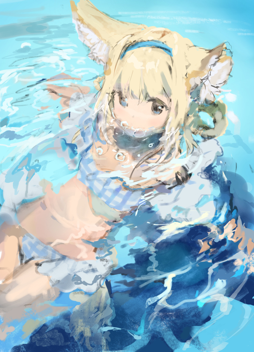 1girl absurdres animal_ears anmi arknights bikini blonde_hair blue_bikini blue_eyes blue_hairband braid bubble commentary cowboy_shot fox_ears hairband highres innertube looking_at_viewer partially_submerged reclining sketch solo suzuran_(arknights) swimsuit unfinished