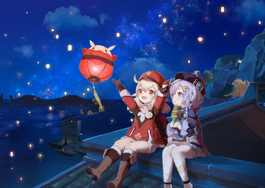 2girls :d ahoge arin_(1010_ssu) arms_up bandaged_leg bandages bangs barbecue bead_necklace beads bloomers boots braid brown_footwear brown_gloves brown_scarf building cabbie_hat clouds cloudy_sky clover_print coat commentary_request dragon eastern_dragon eyebrows_visible_through_hair floating floating_object food genshin_impact gloves hair_between_eyes hat hat_feather hat_ornament highres holding holding_food jewelry jiangshi klee_(genshin_impact) knee_boots kneehighs lampion long_hair long_sleeves looking_up low_ponytail multiple_girls necklace night night_sky on_roof open_mouth outstretched_arms pocket qing_guanmao qiqi_(genshin_impact) red_coat red_headwear rooftop sailing_ship scarf sidelocks single_braid sitting sky smile spread_arms star_(sky) starry_sky thigh-highs underwear vision_(genshin_impact) white_legwear zettai_ryouiki