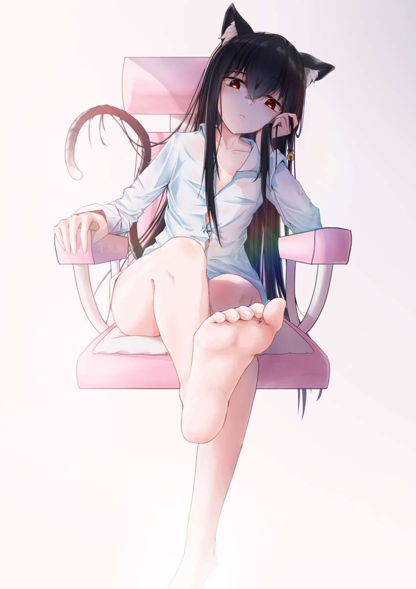 1girl absurdres animal_ear_fluff animal_ears arm_support bare_legs barefoot black_hair borrowed_character cat_ears cat_girl cat_tail expressionless highres long_hair long_sleeves naked_shirt no_bra original qianze_chia shirt sitting soles tail very_long_hair white_shirt xingye