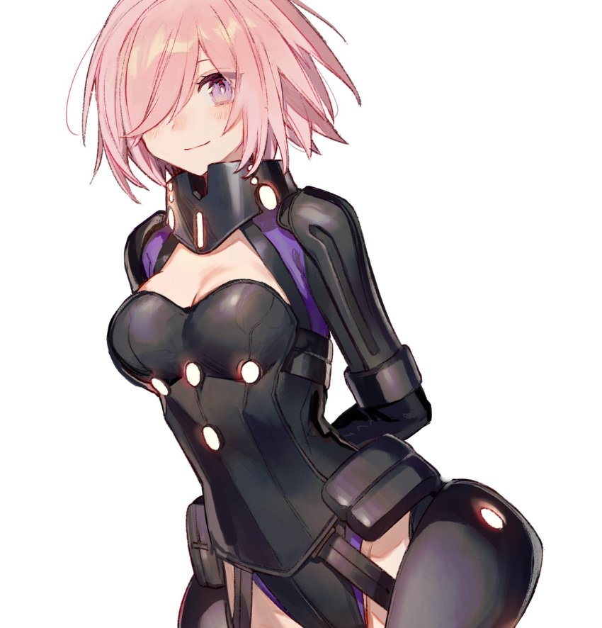 1girl armor armored_leotard arms_behind_back bangs black_armor black_leotard breasts chocoan commentary fate/grand_order fate_(series) hair_over_one_eye highleg highleg_leotard highres large_breasts leotard light_purple_hair looking_at_viewer mash_kyrielight ortenaus short_hair smile solo violet_eyes