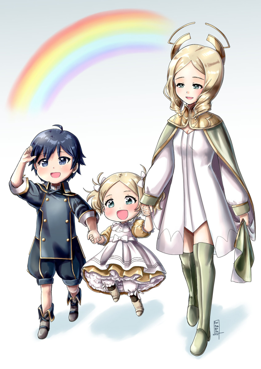 1boy 2girls blonde_hair blue_eyes blue_hair child chrom_(fire_emblem) emmeryn_(fire_emblem) holding_hands lissa_(fire_emblem) onikagura pigtails rainbow twin_drills walking white_dress