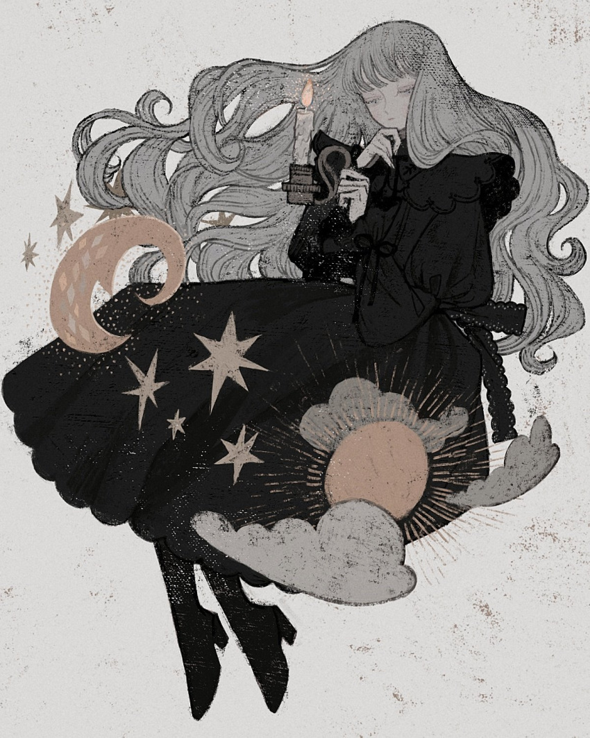 1girl bangs black_dress black_ribbon blunt_bangs candle closed_eyes closed_mouth clouds dress embers fingernails fire flame floating grey_hair grey_theme high_heels highres holding holding_candle long_hair melting moon neck_ribbon original puffy_sleeves ribbon sekhl solo star_(sky) sun