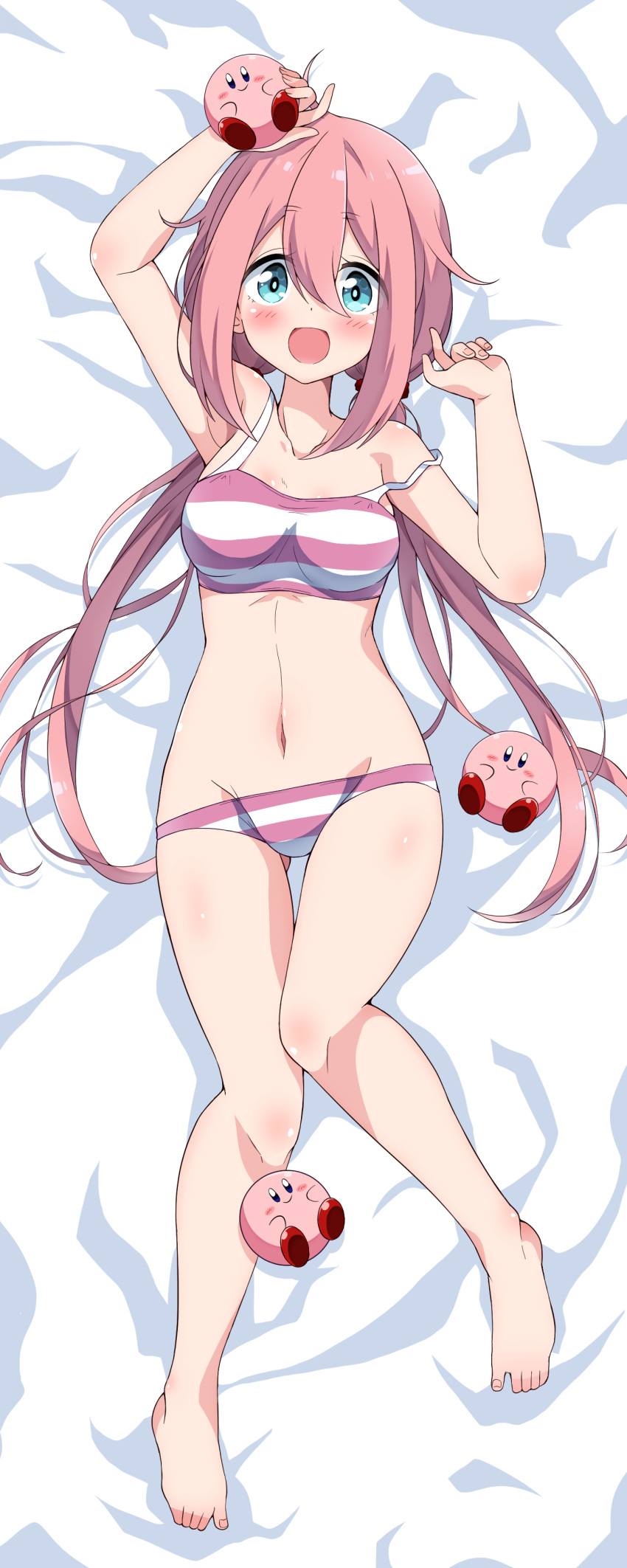 1girl :d absurdres arms_up ass_visible_through_thighs bangs bare_legs barefoot bed_sheet bikini blue_eyes blush breasts collarbone commentary_request dakimakura_(medium) eggman_(pixiv28975023) eyebrows_visible_through_hair feet full_body hair_between_eyes highres kagamihara_nadeshiko kirby's_dream_land kirby_(series) knees_together_feet_apart long_hair looking_at_viewer lying medium_breasts navel on_back open_mouth pink_hair school_uniform smile striped striped_bikini swimsuit toes twintails yurucamp