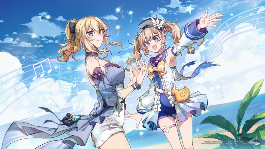 2girls absurdres arm_up barbara_(genshin_impact) barbara_(summertime_sparkle)_(genshin_impact) beach belt_buckle blue_eyes blue_sky blue_swimsuit bow buckle clouds cloudy_sky detached_sleeves drill_hair duck_print genshin_impact hair_bow hair_ribbon hat highres horizon huge_filesize jean_(genshin_impact) jean_(sea_breeze_dandelion)_(genshin_impact) light_brown_hair multiple_girls musical_note ocean ponytail ribbon sakon04 sky summer swimsuit twin_drills twintails wind