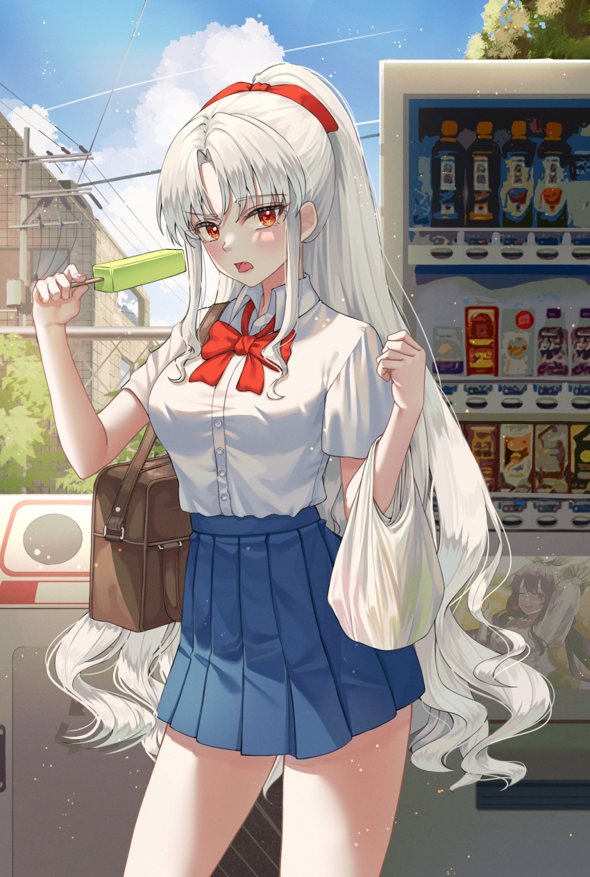 1girl absurdres bag blue_skirt bow bowtie breasts collared_shirt contrapposto cowboy_shot duffel_bag food grocery_bag hair_ribbon high-waist_skirt highres holding jisu_lee long_hair looking_at_viewer medium_breasts open_mouth original outdoors pleated_skirt ponytail popsicle red_eyes ribbon school_uniform shirt shirt_tucked_in shopping_bag short_sleeves skirt solo standing vending_machine very_long_hair white_hair white_shirt