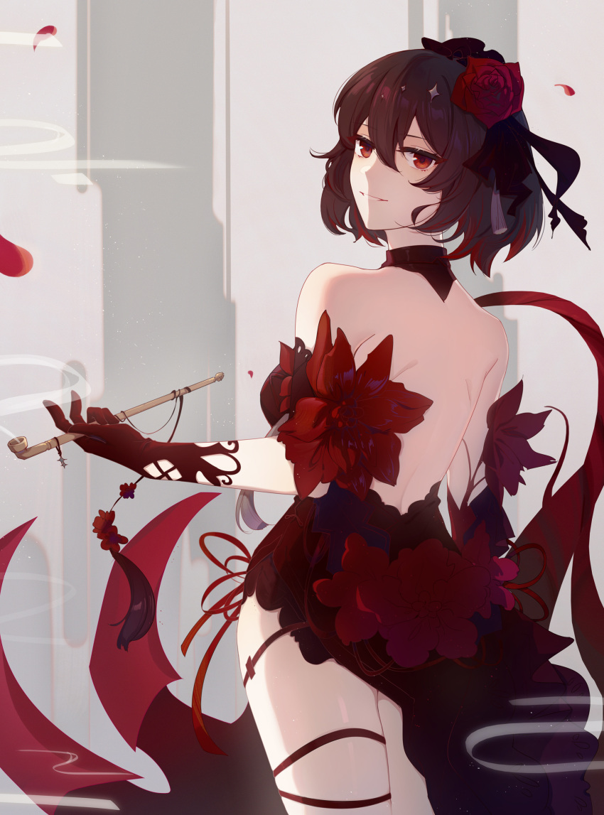 1girl absurdres bangs bare_shoulders china_dress chinese_clothes dress flower gloves grin hair_between_eyes hair_flower hair_ornament highres holding honkai_(series) honkai_impact_3rd kiseru looking_at_viewer looking_back petals pipe red_dress red_eyes red_flower red_gloves red_rose redhead rose seele_(alter_ego) seele_vollerei seele_vollerei_(stygian_nymph) short_hair silence_(pixiv18541142) sleeveless smile smoke smoking solo teeth