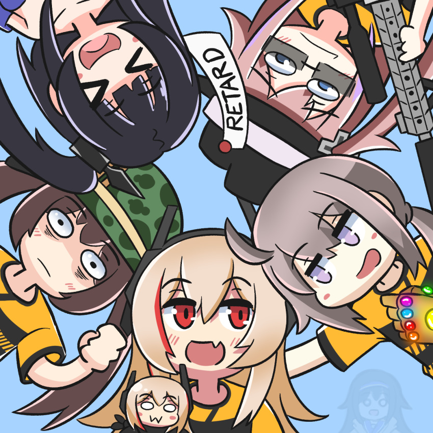 &gt;_&lt; 6+girls :d antenna_hair ar-15 bangs black_hair blonde_hair blue_eyes blue_sky blush braid brown_hair camouflage_helmet character_request clenched_hand closed_mouth doll fang fedora from_below ghost girls_frontline gun hair_between_eyes hair_ornament hand_on_another's_shoulder hat helmet highres holding holding_gun holding_weapon infinity_gauntlet long_hair looking_at_another looking_at_viewer m14_(girls_frontline) m200_(girls_frontline) m4_sopmod_ii_(girls_frontline) multicolored_hair multiple_girls oekaki open_mouth pink_hair ponytail red_eyes rifle serjatronic short_sleeves side_ponytail sky smile soccer_uniform sportswear st_ar-15_(girls_frontline) streaked_hair sunglasses super_sass_(girls_frontline) twin_braids violet_eyes weapon wide-eyed