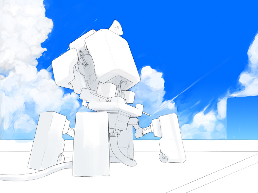 blue_sky cable clouds cloudy_sky greyscale looking_up lordroach mecha megaphone monochrome no_humans original robot sky standing