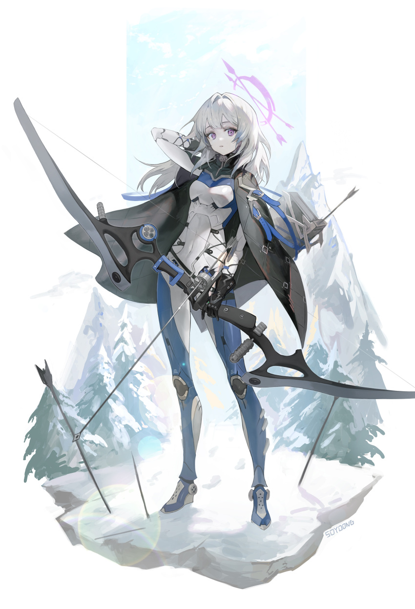 1girl absurdres arm_behind_head arrow_(projectile) bodysuit bow_(weapon) breasts cloak cyberpunk full_body hair_intakes halo highres holding holding_bow_(weapon) holding_weapon long_hair looking_at_viewer mountain original parted_lips planted planted_arrow quiver signature small_breasts snow solo soyoong_jun standing tree violet_eyes weapon white_hair