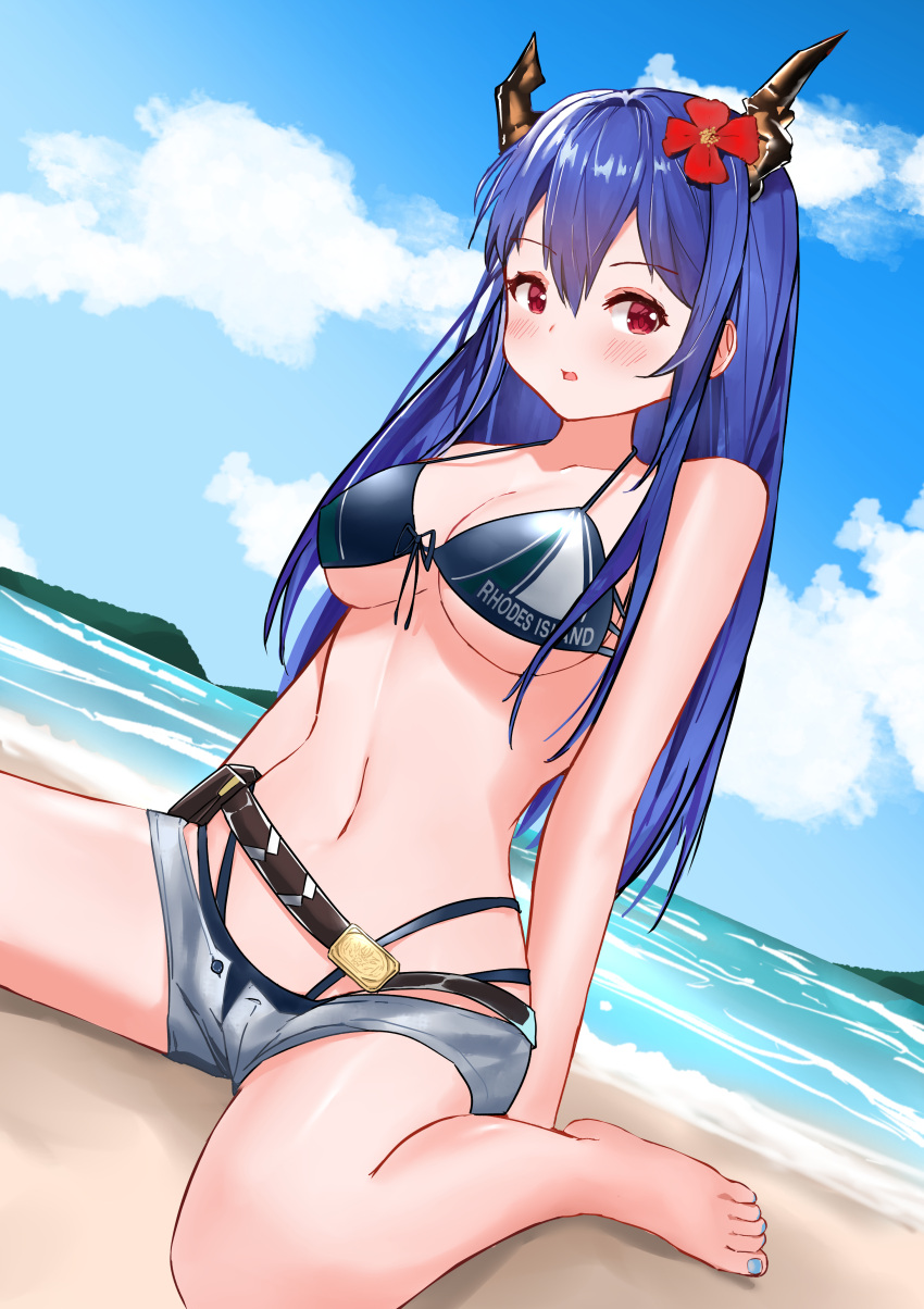 1girl absurdres arknights bangs bare_arms bare_legs bare_shoulders bikini black_bikini blue_hair blue_nails blue_sky blush breasts ch'en_(arknights) ch'en_the_holungday_(arknights) clouds commentary day dragon_horns dutch_angle flower grey_shorts hair_between_eyes hair_flower hair_ornament highres horns large_breasts long_hair looking_at_viewer micro_shorts nail_polish navel ocean parted_lips ps_rinsu red_eyes red_flower shorts sitting sky solo stomach swimsuit toenail_polish toenails wading wariza water