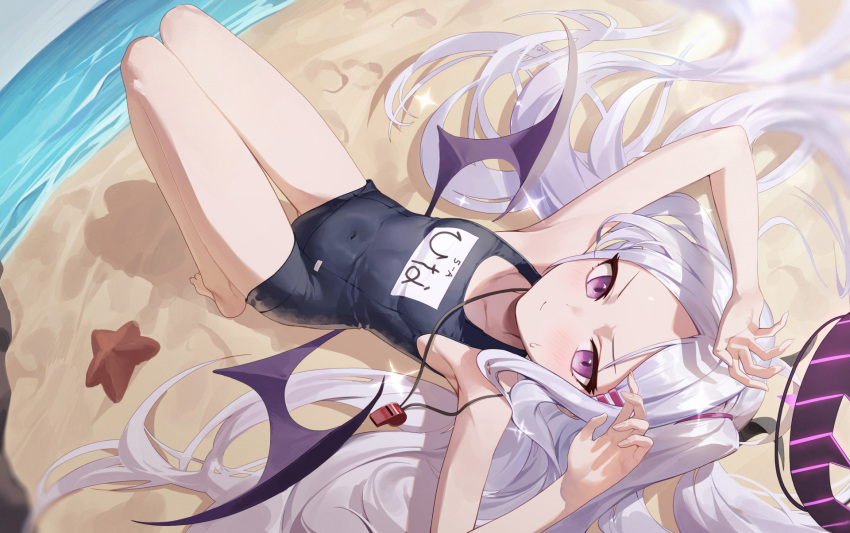 1girl barefoot beach blue_archive blush covered_navel halo highres hina_(blue_archive) horns long_hair looking_at_viewer lying ocean on_back purple_hair school_swimsuit solo ssangbong-llama starfish sweatdrop swimsuit very_long_hair violet_eyes whistle wings
