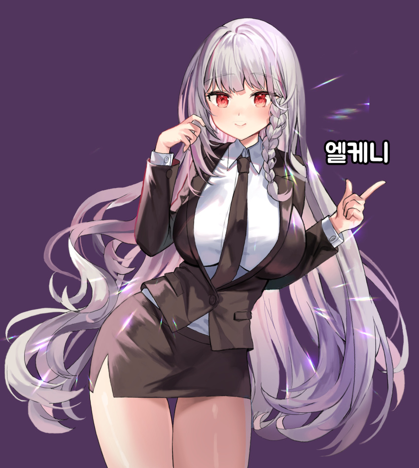 1girl absurdres black_jacket black_skirt blazer braid breasts collared_shirt commission cowboy_shot hands_up highres huge_filesize hyoin jacket large_breasts long_hair long_sleeves looking_at_viewer miniskirt necktie office_lady original pencil_skirt purple_background red_eyes shirt silver_hair skirt smile solo thigh_gap thighs very_long_hair white_shirt