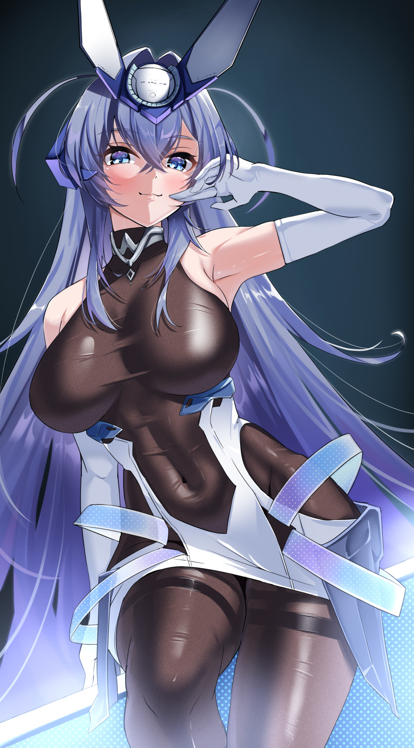 1girl :3 absurdres arm_support arm_up armpits azur_lane bangs bare_shoulders blue_background blue_eyes blue_hair blush bodystocking breasts closed_mouth commentary covered_collarbone covered_navel cowboy_shot crossed_bangs dress elbow_gloves eyebrows_visible_through_hair gloves groin hair_between_eyes hair_intakes headgear highres large_breasts long_hair looking_at_viewer marumai new_jersey_(azur_lane) side_cutout sidelocks simple_background sitting sleeveless smile solo taut_clothes very_long_hair white_dress white_gloves