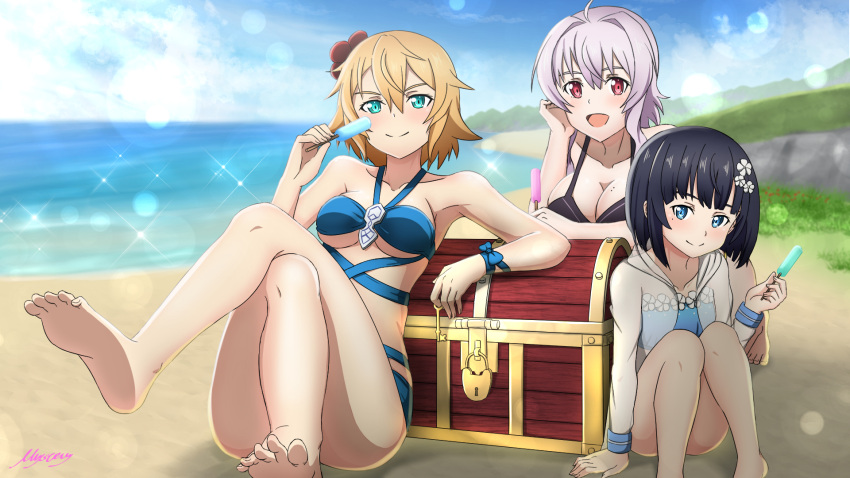3girls :d aqua_eyes armpits barefoot beach bikini black_bikini black_hair blonde_hair blue_bikini blue_eyes blue_sky blush breasts chest cinderella_bust closed_mouth clouds collarbone crossed_legs day flower food hair_flower hair_ornament halterneck highres holding holding_food ice_cream jacket large_breasts lens_flare long_hair looking_at_viewer medium_breasts mole mole_on_breast mole_under_eye multiple_girls mysteryctu ocean open_clothes open_jacket open_mouth outdoors philia_(sao) popsicle premiere_(sao) red_eyes red_flower see-through short_hair silver_hair sky smile sparkle strea_(sao) swimsuit sword_art_online under_boob