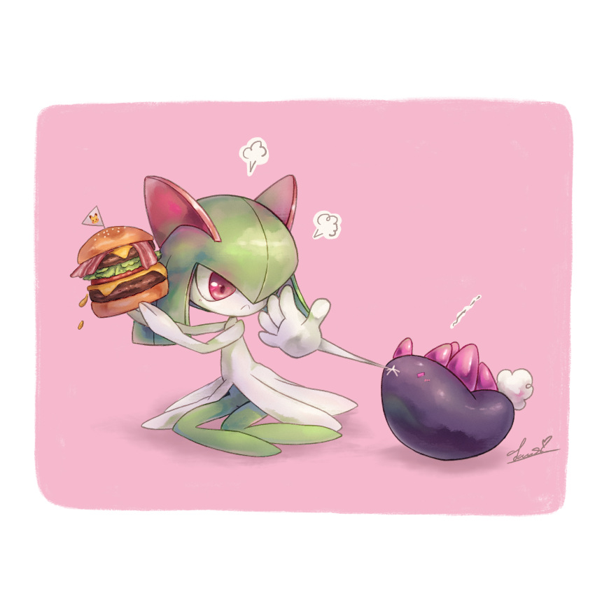 :&lt; =3 bacon border burger cheese closed_mouth commentary_request eye_contact food gen_3_pokemon gen_7_pokemon hands_up highres holding holding_food kirlia lettuce looking_at_another outstretched_hand pokemon pokemon_(creature) pyukumuku signature sitting suama-yuki tomato violet_eyes white_border