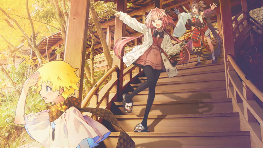 1girl 2boys animal_slippers armor astolfo_(fate) astolfo_(saber)_(fate) asymmetrical_clothes asymmetrical_sleeves baggy_clothes bangs black_bow black_legwear black_ribbon blonde_hair blue_eyes bow braid breast_curtains bright_pupils fang fate/apocrypha fate/grand_order fate/requiem fate_(series) feather_hair_ornament feathers hair_intakes hair_ornament highres hippogriff japanese_armor leotard leotard_under_clothes long_hair low_twintails male_focus mismatched_sleeves multicolored_hair multiple_boys otoko_no_ko parted_bangs pink_hair purple_sleeves revealing_clothes ribbon scarf shoulder_armor single_pantsleg skin_fang slippers sode streaked_hair twintails ushiwakamaru_(fate) violet_eyes voyager_(fate) white_hair white_sleeves yellow_scarf