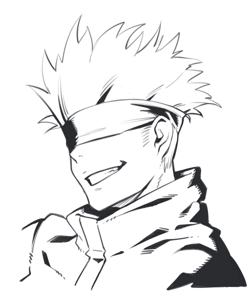 1boy blindfold covered_eyes dyun gojou_satoru greyscale grin highres jujutsu_kaisen male_focus monochrome portrait simple_background smile solo white_background