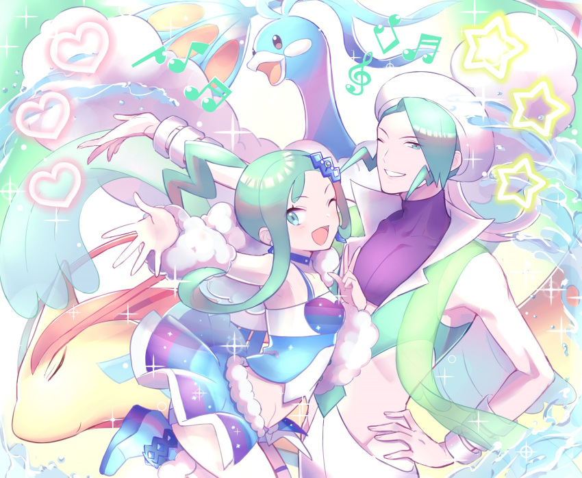 1boy 1girl ;d altaria arm_up arm_warmers bangle blue_footwear boots bracelet commentary_request crop_top eyelashes gen_3_pokemon green_eyes green_hair gym_leader hand_on_hip heart high_collar highres jewelry leg_up lisia_(pokemon) milotic musical_note one_eye_closed open_mouth outstretched_arm pants pokemon pokemon_(creature) pokemon_(game) pokemon_oras purple_shirt shirt shorts shorts_under_skirt showgirl_skirt single_thighhigh skin_tight sleeveless sleeveless_shirt smile sparkle star_(symbol) thigh-highs tongue tudurimike uncle_and_niece wallace_(pokemon) water water_drop white_pants