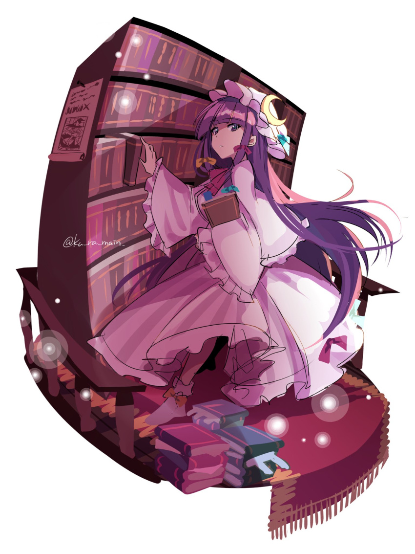 1girl bangs blue_bow blue_ribbon blunt_bangs book book_stack bookshelf bow commentary crescent crescent_hat_ornament crescent_pin dress dress_bow eyebrows_visible_through_hair footwear_bow frilled_dress frilled_sleeves frills full_body hair_bow handrail hat hat_ornament hat_ribbon highres holding holding_book kuroshirase long_hair looking_at_viewer mob_cap patchouli_knowledge poster_(object) purple_hair red_bow red_neckwear ribbon robe rug simple_background sketch solo touhou twitter_username very_long_hair violet_eyes watermark white_background wide_sleeves yellow_bow