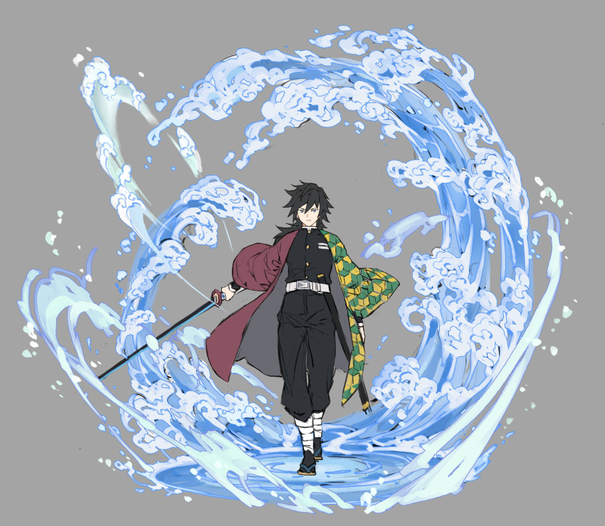 1boy absurdres belt black_hair black_pants blue_eyes closed_mouth grey_background hair_between_eyes haori highres holding holding_sword holding_weapon japanese_clothes katana kimetsu_no_yaiba long_hair long_sleeves male_focus pants papajay_(jennygin2) ponytail sandals sheath solo sword tomioka_giyuu water weapon white_belt wide_sleeves