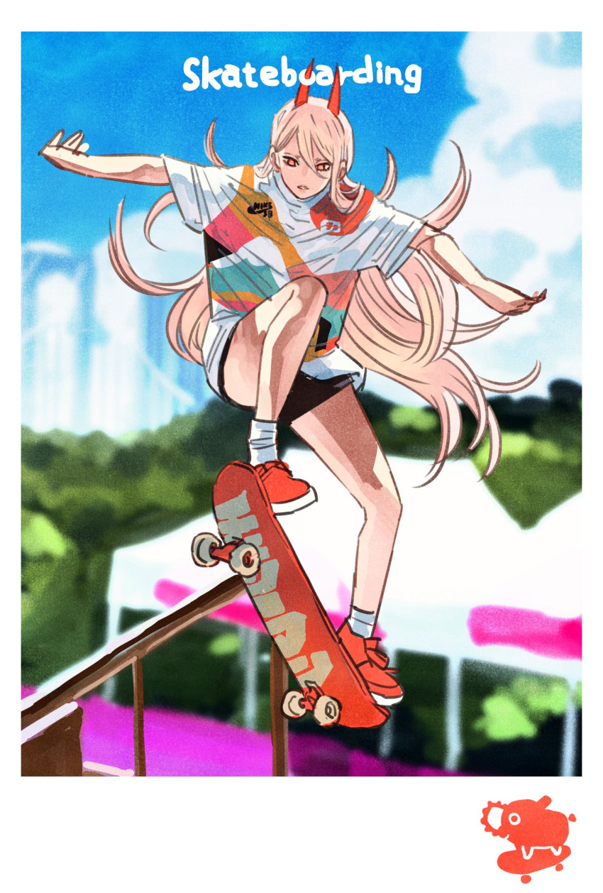 +_+ 1girl 2020_summer_olympics alternate_costume black_shorts blonde_hair blue_sky blurry blurry_background chainsaw_man clouds cloudy_sky commentary copyright_name day demon_horns english_text full_body hair_between_eyes highres horns jumping long_hair looking_down multicolored_shirt nike outdoors outstretched_arms parted_lips pochita_(chainsaw_man) power_(chainsaw_man) product_placement railing red_eyes red_footwear ryosuketarou sharp_teeth shirt shoes short_shorts short_sleeves shorts skateboard skateboarding sky socks solo t-shirt teeth translated white_legwear white_shirt