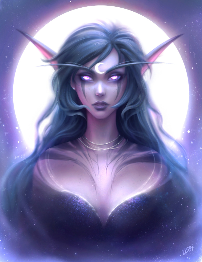 1girl alisa_nilsen elf facial_mark forehead_jewel full_moon green_hair highres long_eyelashes long_hair looking_at_viewer moon night_elf parted_lips pink_hair pink_lips pointy_ears purple_lips signature solo upper_body violet_eyes warcraft world_of_warcraft