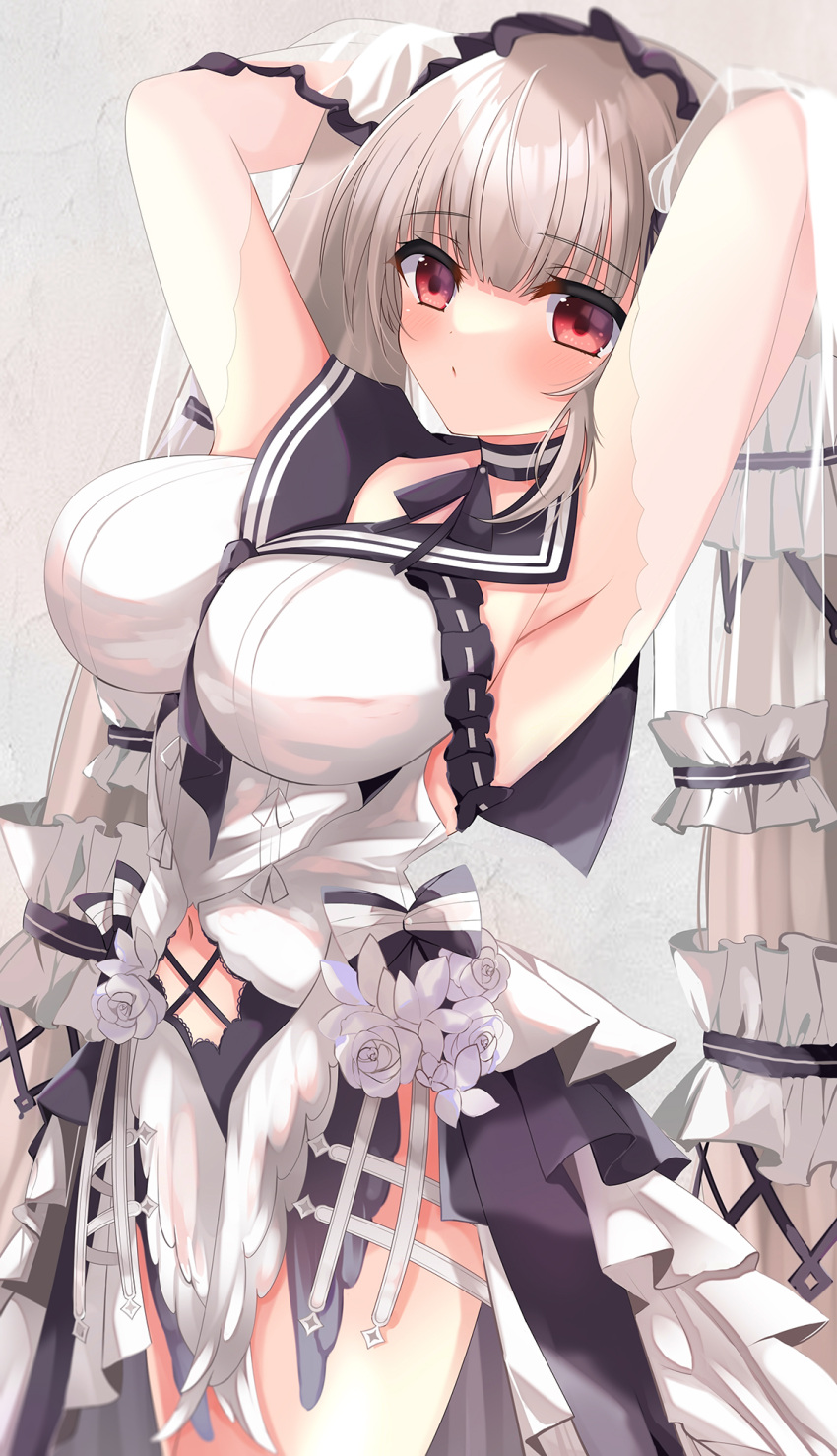 1girl absurdly_long_hair akatsuki_(aktk511) armpits arms_behind_head azur_lane black_choker black_neckwear black_sailor_collar bow_dress breasts choker clothing_cutout dress dress_flower feather_dress flower formidable_(azur_lane) formidable_(timeless_classics)_(azur_lane) highres large_breasts long_hair navel_cutout official_alternate_costume red_eyes sailor_collar simple_background sleeveless sleeveless_dress solo toe_cleavage two-tone_dress two-tone_ribbon veil very_long_hair white_dress white_flower
