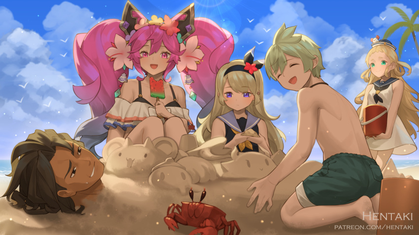 2boys 3girls :d ^_^ animal artist_name bangs bare_arms bare_shoulders black_hair black_neckwear blonde_hair blue_hair blue_headwear blue_sailor_collar blue_sky breasts brown_hair bucket buried character_request cleo_(dragalia_lost) closed_eyes clouds cloudy_sky commentary crab dark-skinned_male dark_skin day dragalia_lost dress english_commentary eyebrows_visible_through_hair flower gradient_hair green_eyes hair_between_eyes hair_flower hair_ornament hat hentaki long_hair multicolored_hair multiple_boys multiple_girls neckerchief nervous_smile open_mouth outdoors palm_tree pink_eyes pink_flower pink_hair purple_flower red_flower sailor_collar sailor_dress sailor_hat sky sleeveless sleeveless_dress small_breasts smile summer sweat tree twintails very_long_hair violet_eyes watermark web_address white_dress white_flower yellow_flower