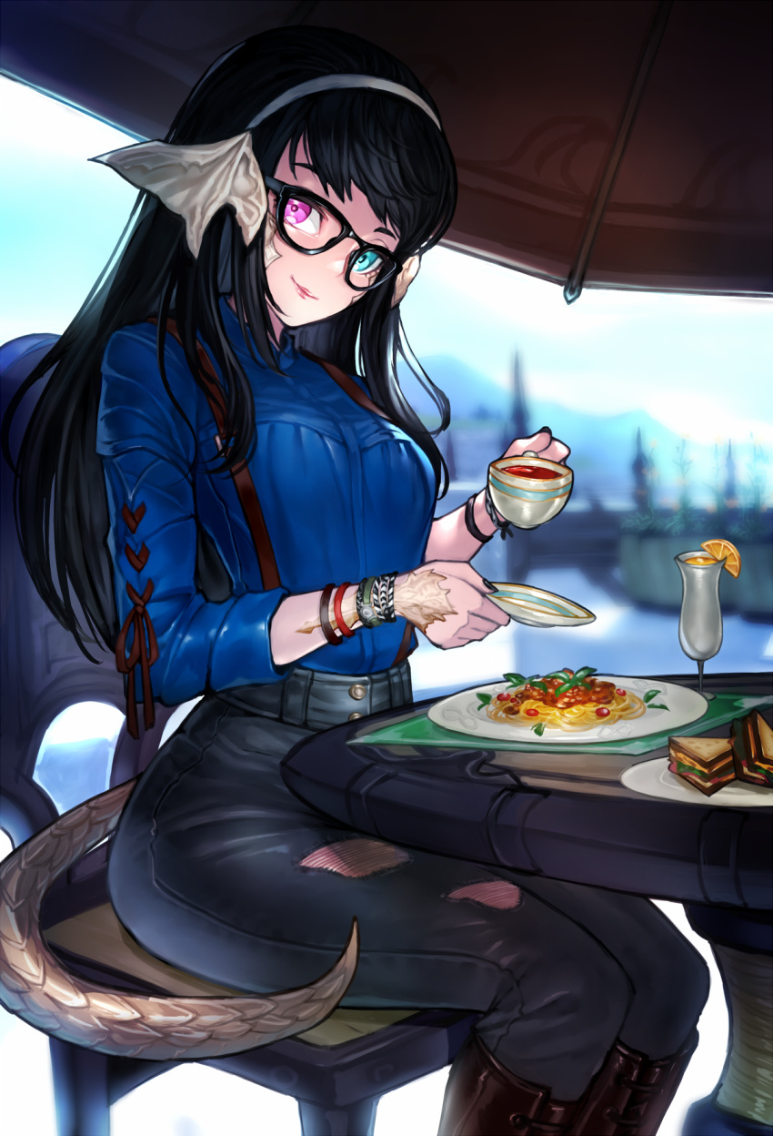 1girl au_ra bangs black_hair black_nails blue_eyes blurry blurry_background boots chair cup day dragon_girl dragon_horns dragon_tail drink feet_out_of_frame fictional_persona final_fantasy final_fantasy_xiv fingernails food glasses heterochromia highres holding holding_cup holding_saucer horns hyuu_(sing-dog) lips long_hair long_sleeves looking_at_viewer nail_polish noodles outdoors pants pasta pink_eyes plate sandwich saucer scales shirt sitting smile solo spaghetti suspenders table tail teacup torn_clothes torn_pants
