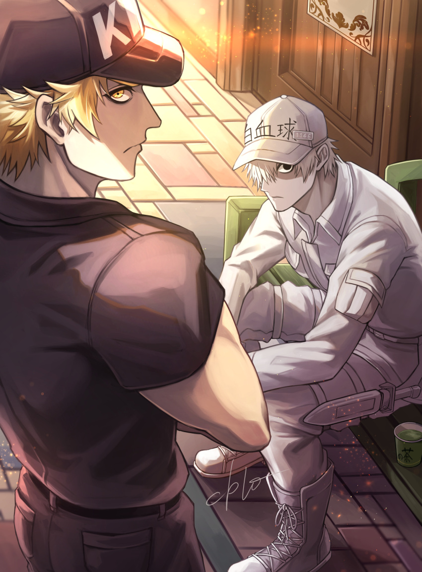 2boys baseball_cap bench black_shirt blonde_hair colored_skin crossed_arms from_behind hair_over_one_eye hat hataraku_saibou highres killer_t_(hataraku_saibou) light_particles looking_at_viewer male_focus military military_uniform multiple_boys seacobalt shirt short_hair short_sleeves silver_hair sitting sunset u-1146 uniform white_blood_cell_(hataraku_saibou) white_skin yellow_eyes