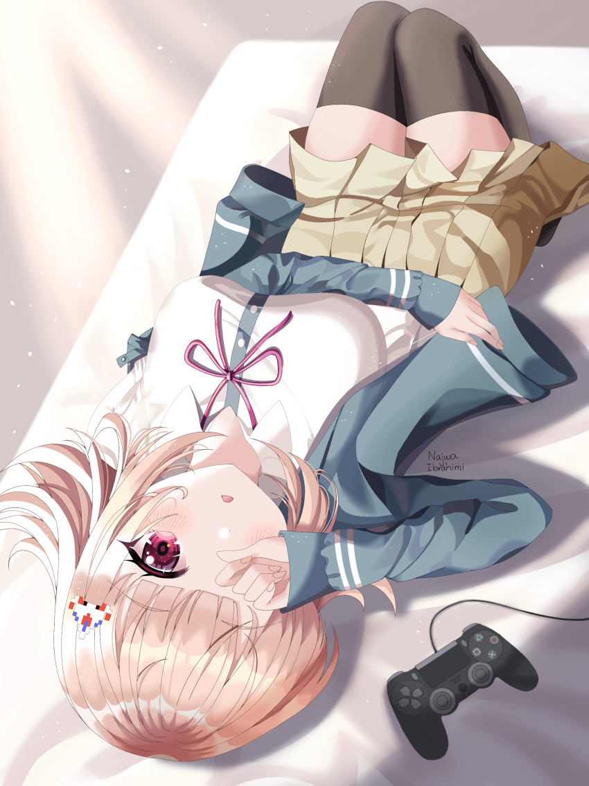 1girl absurdres alternate_eye_color artist_name bad_perspective bangs bed black_legwear blush breasts brown_skirt collared_shirt commentary dangan_ronpa_(series) dangan_ronpa_2:_goodbye_despair dress_shirt eyebrows_visible_through_hair green_jacket hair_ornament hand_over_eye highres jacket knees_up large_breasts light_brown_hair long_sleeves lying najwa_ibrahimi nanami_chiaki neck_ribbon on_bed one_eye_closed open_mouth pink_eyes playstation_controller pleated_skirt red_eyes red_ribbon ribbon shirt skirt solo thigh-highs white_shirt