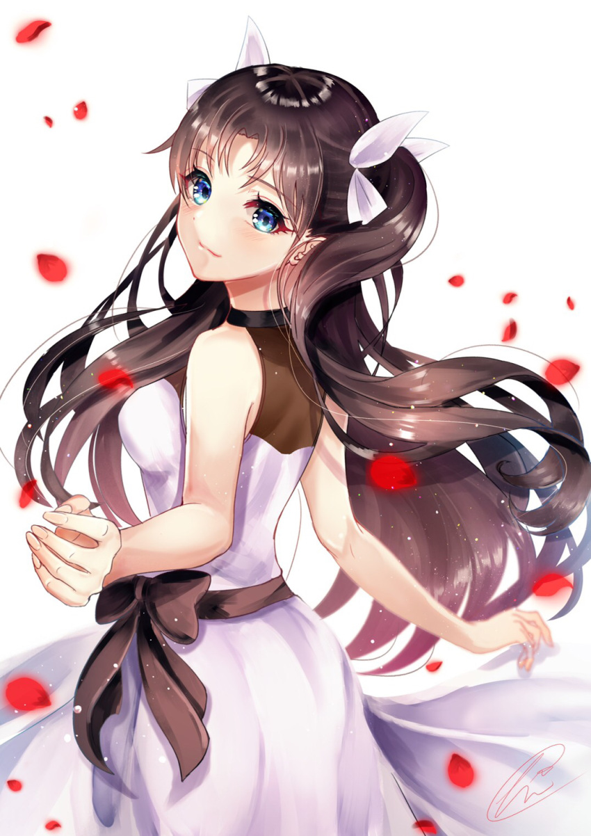 1girl alternate_costume bangs black_hair blue_eyes bow breasts chiachun0621 closed_mouth cocktail_dress commentary_request cowboy_shot dress falling_petals fate/stay_night fate_(series) floating_hair from_side hair_bow highres light_smile long_hair looking_at_viewer outstretched_hand petals shiny shiny_hair signature solo tohsaka_rin two_side_up waist_bow white_background white_bow white_dress