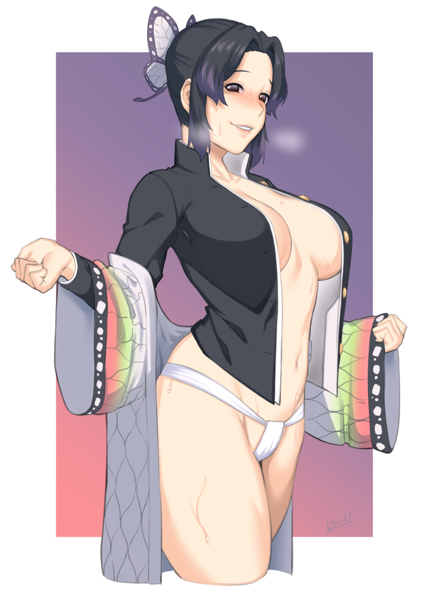 1girl black_hair black_jacket blush border breasts brown_eyes butterfly_hair_ornament cowboy_shot dyun fundoshi gradient gradient_background hair_ornament haori highres jacket japanese_clothes kimetsu_no_yaiba kochou_shinobu large_breasts looking_at_viewer multicolored_hair navel no_bra off_shoulder open_clothes open_jacket purple_background purple_hair seductive_smile short_hair smile solo standing sweat two-tone_hair white_border