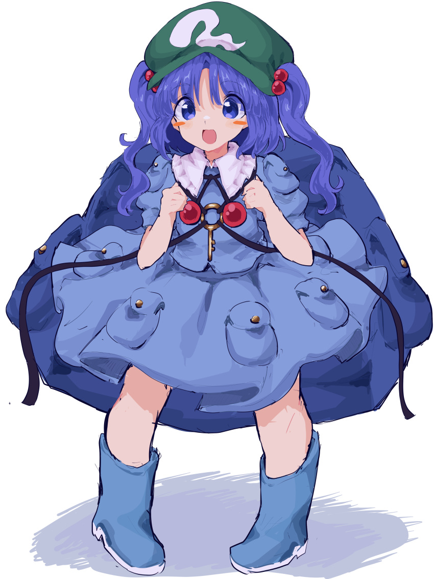 1girl absurdres blue_eyes blue_hair blue_shirt blue_skirt blush_stickers collared_shirt flat_cap green_headwear hair_bobbles hair_ornament hat highres kawashiro_nitori key medium_hair mugi_(mugimugi_9kv) open_mouth shirt short_sleeves skirt smile solo touhou two_side_up