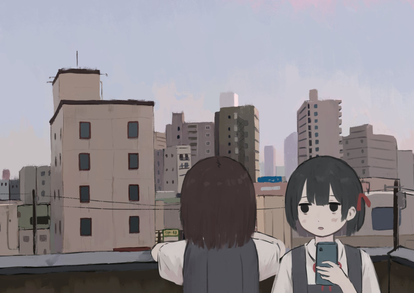 2girls black_eyes black_hair blue_sky blunt_ends brown_hair cellphone city cityscape collared_shirt dress elbow_rest facing_away grey_dress hair_behind_ear hair_ribbon hand_up highres holding holding_phone looking_at_another looking_to_the_side medium_hair multiple_girls neck_ribbon original outdoors phone pinafore_dress power_lines red_ribbon ribbon shirt short_hair short_sleeves sky sleeveless sleeveless_dress smartphone toyono_saki upper_body utility_pole white_shirt