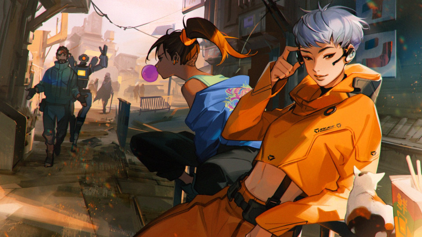 2boys 2girls apex_legends asian black_pants blue_jacket brown_eyes brown_hair cat chewing_gum cropped_hoodie dark-skinned_female dark-skinned_male dark_skin english_commentary facial_hair goatee goggles goggles_on_head green_jacket green_tank_top headset highres hood hoodie humanoid_robot iwamoto_zerogo jacket leaning_forward looking_to_the_side mirage_(apex_legends) multiple_boys multiple_girls official_art one-eyed open_hands orange_hoodie pants pathfinder_(apex_legends) rampart_(apex_legends) science_fiction silver_hair smile tank_top valkyrie_(apex_legends) waving