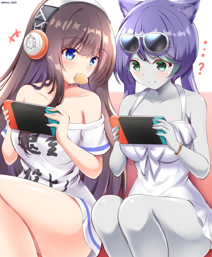 +++ ...? 2girls animal_ears azur_lane bangs bare_shoulders blue_eyes blush breasts brown_hair cat_ears chips collarbone colored_skin commentary_request commission crossover dress eyebrows_visible_through_hair eyewear_on_head feet_out_of_frame final_fantasy final_fantasy_xiv food food_in_mouth green_eyes grey-framed_eyewear grey_skin hair_between_eyes headphones highres holding kamishiro_(rsg10679) long_hair long_island_(azur_lane) medium_breasts miqo'te multiple_girls nintendo_switch off-shoulder_dress off_shoulder potato_chips purple_hair shirt sitting skeb_commission sunglasses twitter_username very_long_hair white_dress white_shirt