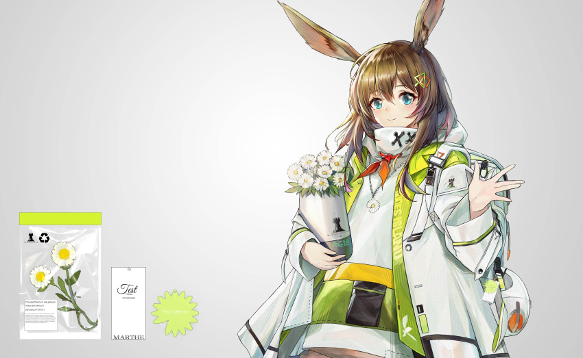 1girl absurdres amiya_(arknights) amiya_(seeder)_(arknights) animal_ears arknights backpack bag blue_eyes brown_hair closed_mouth clothes_writing coat commentary ears_through_headwear flower green_vest hair_ornament hand_up hat highres holding_vase jewelry jia_redian_ruzi_ruzi long_hair looking_at_viewer necklace no_hat no_headwear official_alternate_costume rabbit_ears rhodes_island_logo shirt simple_background smile solo upper_body vest waving white_background white_bag white_coat white_flower white_shirt
