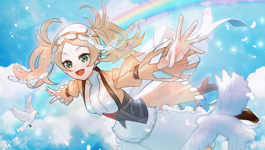 1girl :d blonde_hair blue_eyes clouds crinoline dove fire_emblem fire_emblem:_awakening fire_emblem:_kakusei flying lissa_(fire_emblem) pigtails rainbow sky small_breasts smile wind yellow_dress