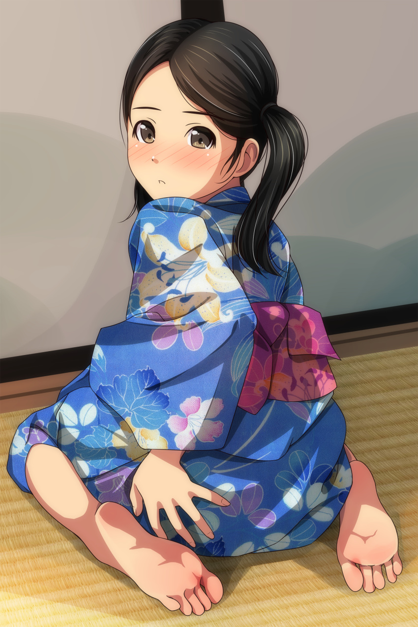 1girl absurdres ass bangs barefoot black_hair blue_kimono blush brown_eyes eyebrows_visible_through_hair floral_print from_behind full_body hand_on_own_ass highres indoors japanese_clothes kimono looking_at_viewer looking_back matsunaga_kouyou nose_blush obi original parted_bangs parted_lips print_kimono sash sitting soles solo tatami twintails wariza