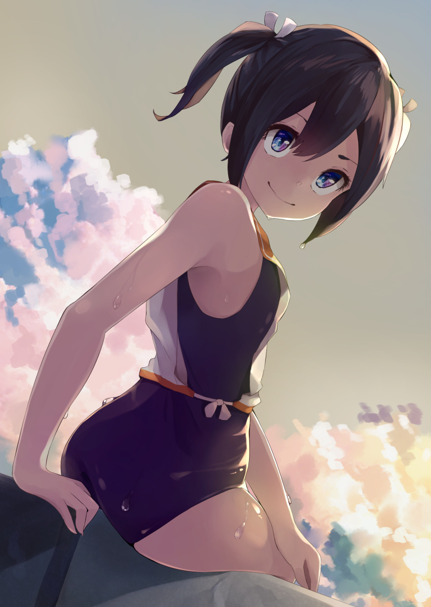 1girl black_hair blue_eyes clouds commentary_request cosplay cowboy_shot gradient_sky highres i-401_(kancolle) i-401_(kancolle)_(cosplay) kantai_collection long_hair looking_at_viewer orange_sailor_collar rock sailor_collar school_swimsuit shirt side-tie_shirt sitting sky sleeveless sleeveless_shirt solo souryuu_(kancolle) swimsuit swimsuit_under_clothes taisho_(gumiyuki) twintails younger