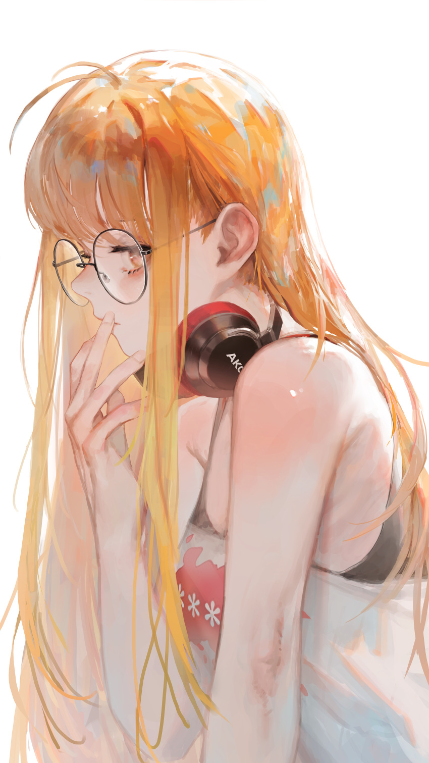 1girl absurdres akg antenna_hair bare_shoulders glasses halterneck headphones headphones_around_neck highres huge_filesize long_hair looking_at_viewer orange_hair persona persona_5 round_eyewear rsef sakura_futaba simple_background solo upper_body white_background