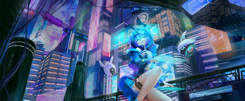 1girl absurdres animal_ears animal_hood bangs bare_shoulders black_jacket blue_shorts bronya_zaychik bronya_zaychik_(haxxor_bunny) city city_lights cityscape closed_mouth cyberpunk drill_hair drone grey_eyes grey_hair hair_between_eyes highres holographic_interface honkai_(series) honkai_impact_3rd hood jacket kneeling long_hair outdoors rabbit_ears shirt shorts solo the_what_sa? twin_drills white_shirt