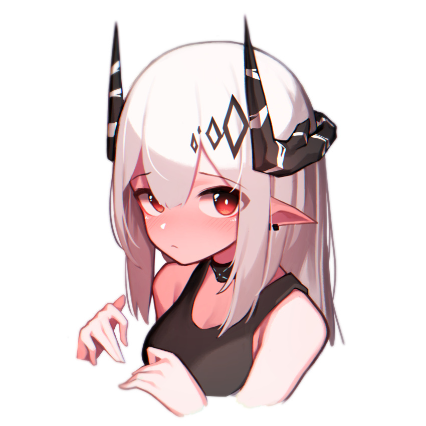 1girl absurdres arknights bare_shoulders beudelb black_horns ear_piercing eyebrows_visible_through_hair frown highres horns infection_monitor_(arknights) long_hair looking_at_viewer mudrock_(arknights) piercing pointy_ears red_eyes silver_hair simple_background solo sports_bra white_background