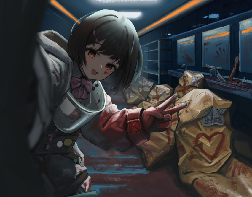 1girl axe black_hair blood blood_on_face body_bag brown_eyes commentary dong_ji empty_eyes gloves hair_ornament hairclip heart highres implied_murder mirror open_mouth original rack red_gloves scissors selfie short_hair sink smile solo upper_body v