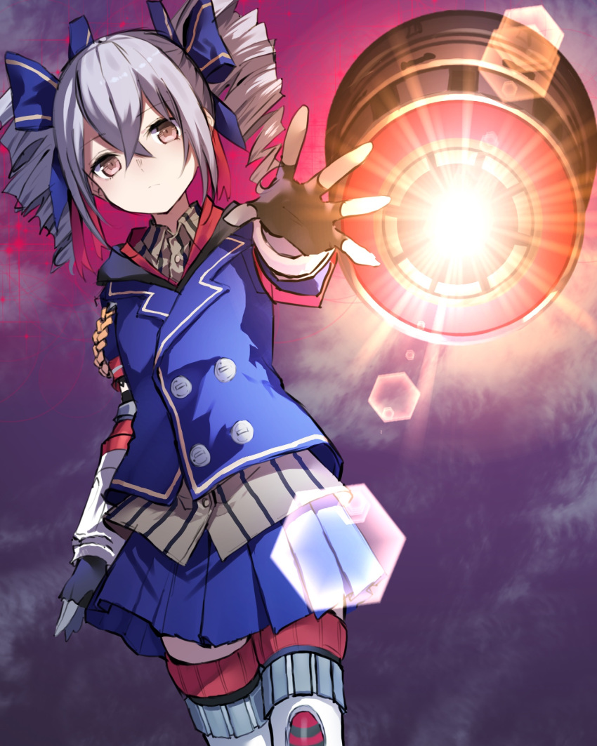 1girl aiming_at_viewer bangs black_gloves blue_jacket blue_skirt bronya_zaychik bronya_zaychik_(valkyrie_chariot) buran_buta cannon closed_mouth drill_hair fingerless_gloves gloves grey_eyes grey_hair hair_between_eyes highres honkai_(series) honkai_impact_3rd jacket looking_at_viewer outstretched_arms project_bunny school_uniform skirt solo twin_drills